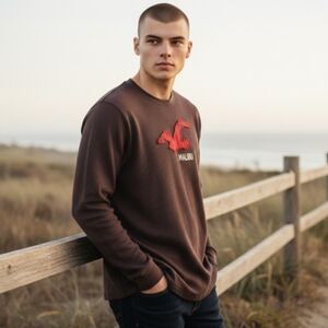 Hollister Brown Long Sleeve Thick  Tee with Malibu Logo